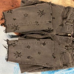 Nanette Lepore black-grey raw hem ankle jeans with embroidered black stars